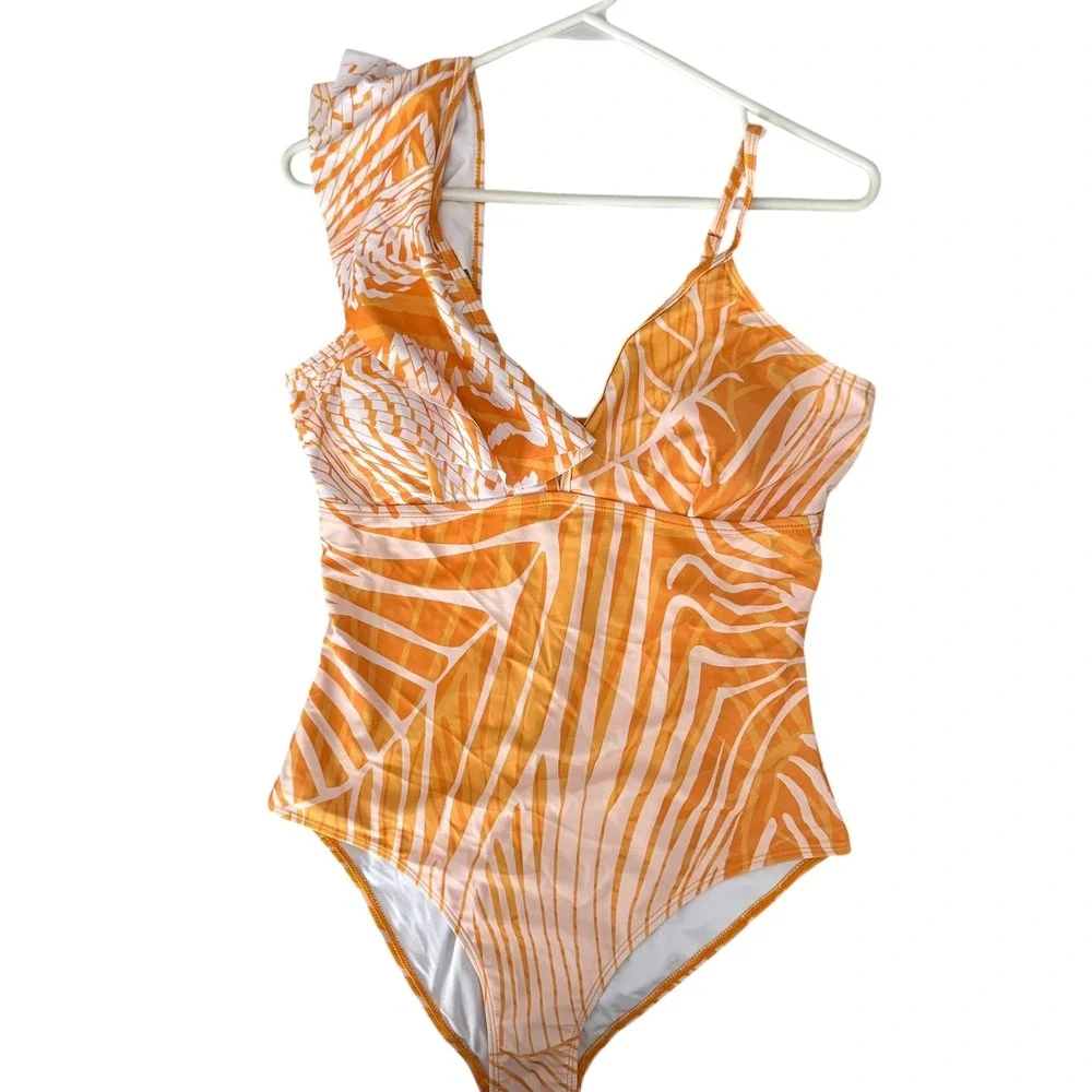 Florentine Swimsuit Set Womens L Orange New Palm Leaf Ruffle One Piece Sarong